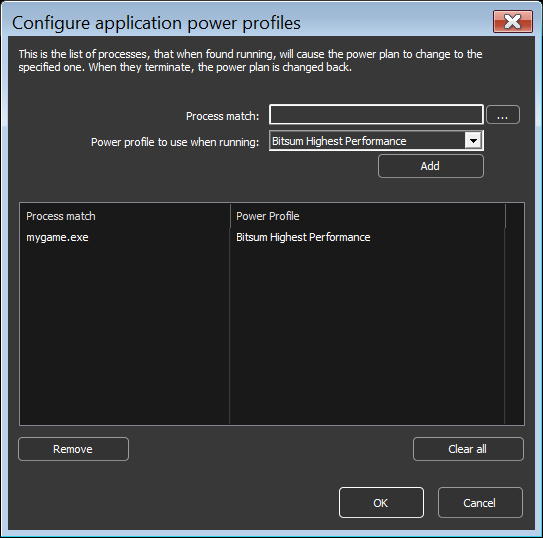 Application power profile rules dialog