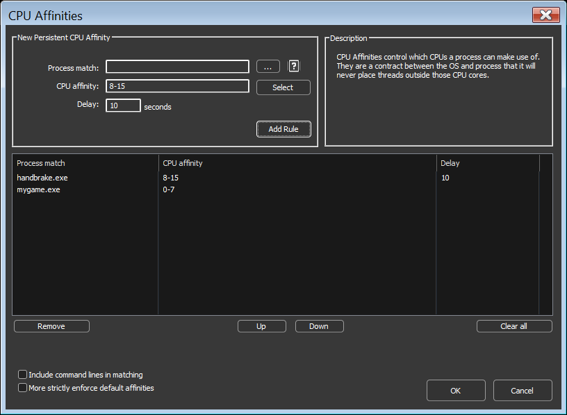 CPU affinity rules dialog