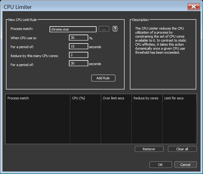CPU Limiter rules dialog