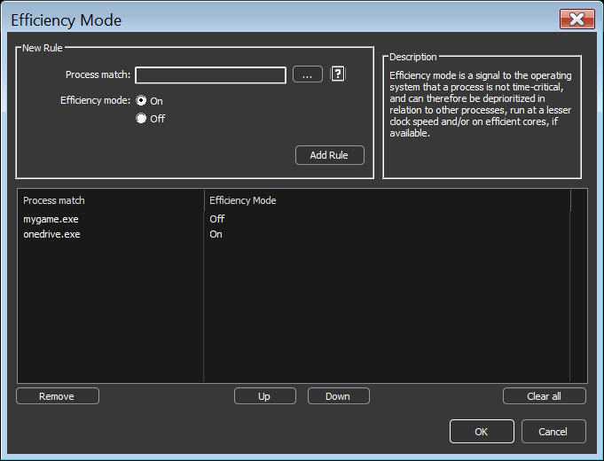 Efficiency Mode rules config dialog