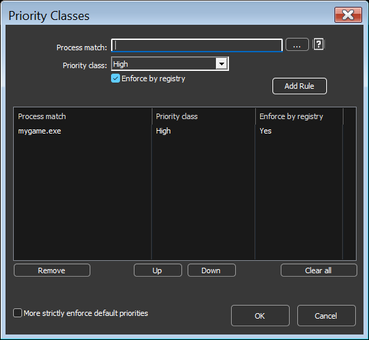 Priority Classes dialog with Enforce by registry checked