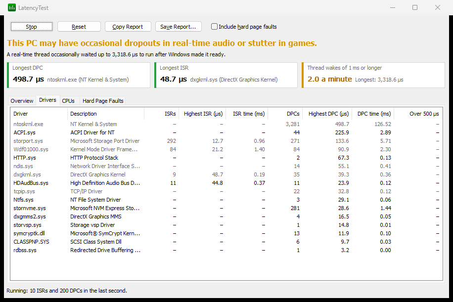 LatencyTest window, Drivers tab