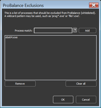 ProBalance exclusions dialog