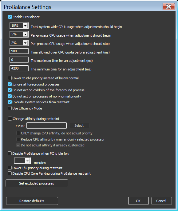 ProBalance Advanced Configuration Dialog