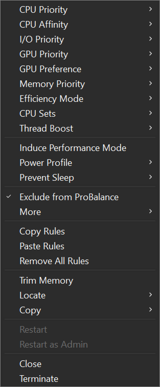 Process context menu